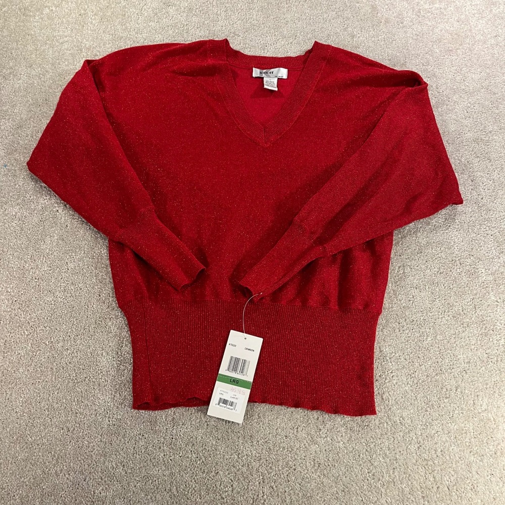 Kikit V-Neck Sweater Womens Large Red Metallic Shimmer Dolman Sleeve NWT